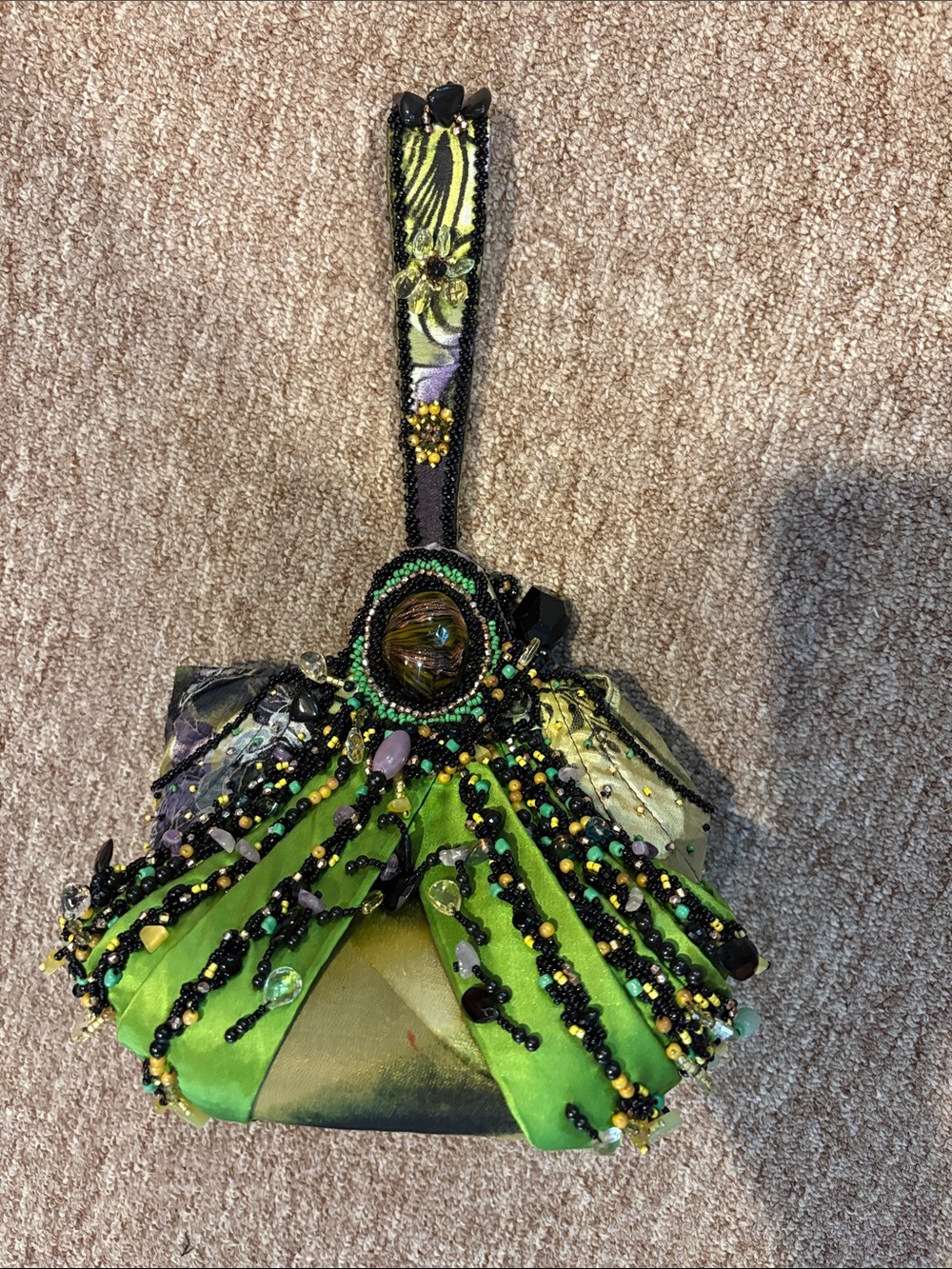 Mary Frances Lime Green Beaded Wristlet with Black & Gold Accents